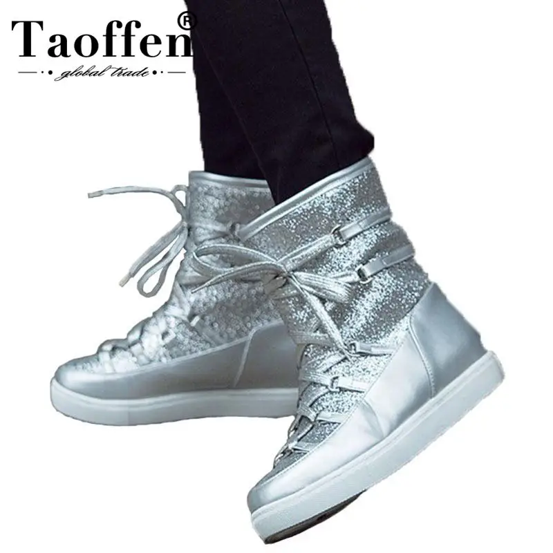 Taoffen/модные женские ботинки на плоской подошве Блестящие Зимние ботинки на шнуровке с круглым носком зимняя обувь с Плюшевым Мехом Женская Теплая обувь, размер 33-43