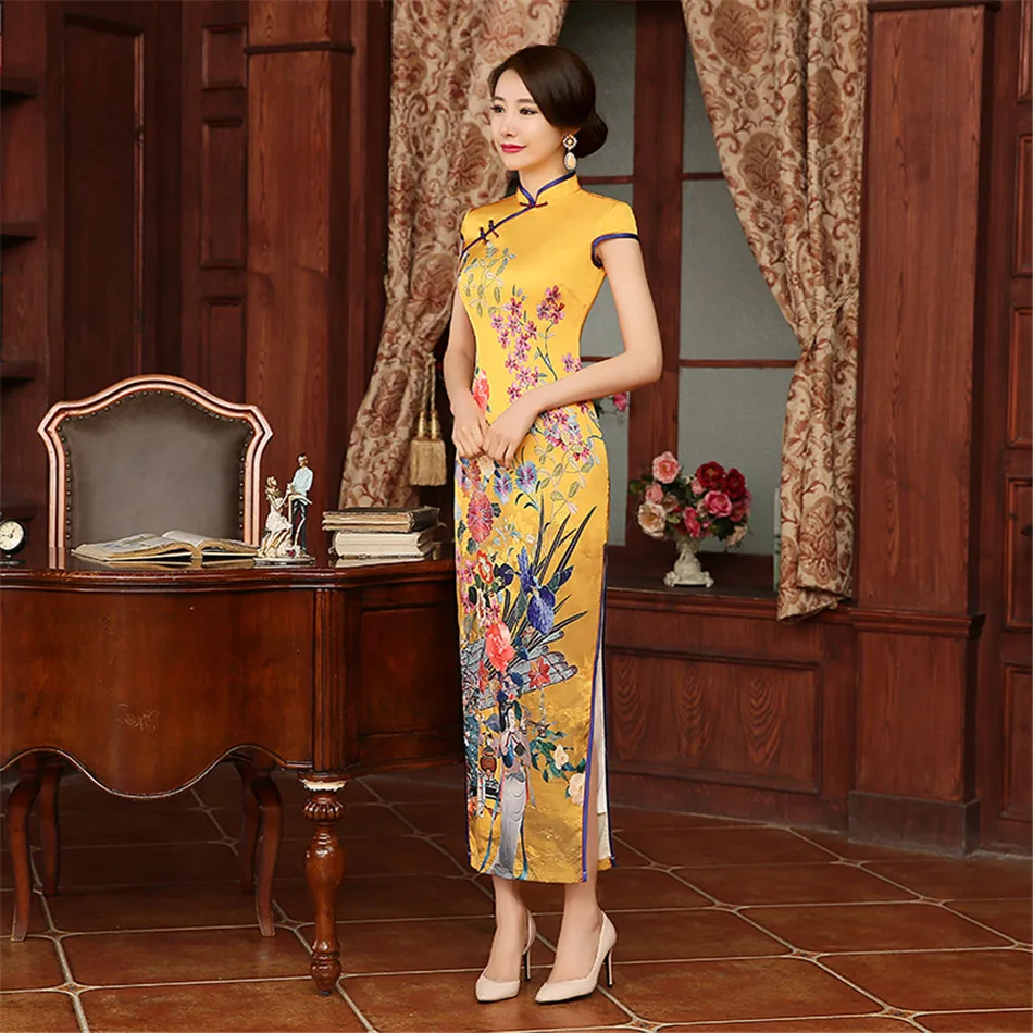 2018 китайское свадебное платье с длинным рукавом Cheongsam желтого цвета традиционное