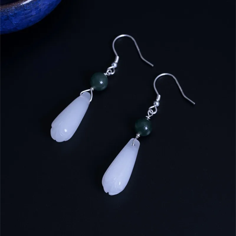Женские серьги-подвески из серебра 100% пробы с натуральным нефритом | Украшения и