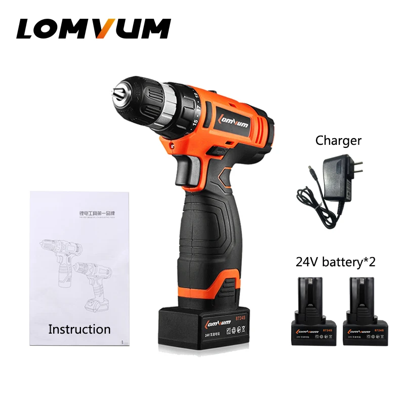 24V double 2 battery LOMVUM 24 В многофункциональная аккумуляторная отвертка ЛИТИЕВАЯ/батарея электрическая двойная регулировка скорости Мини дрель пресс мотор кручение - Цвет: 24V double 2 battery