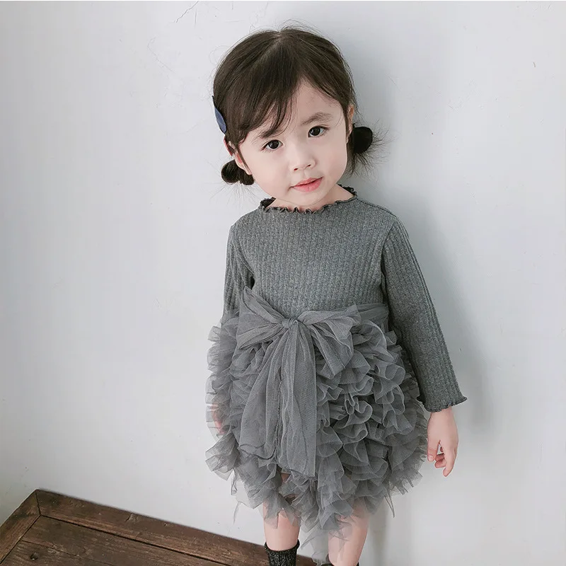 

0-4Y Baby Girls Princess Dress Kids Autumn Winter Lace Mesh Dresses Toddler Girls Long Sleeve Bow Party Clothing