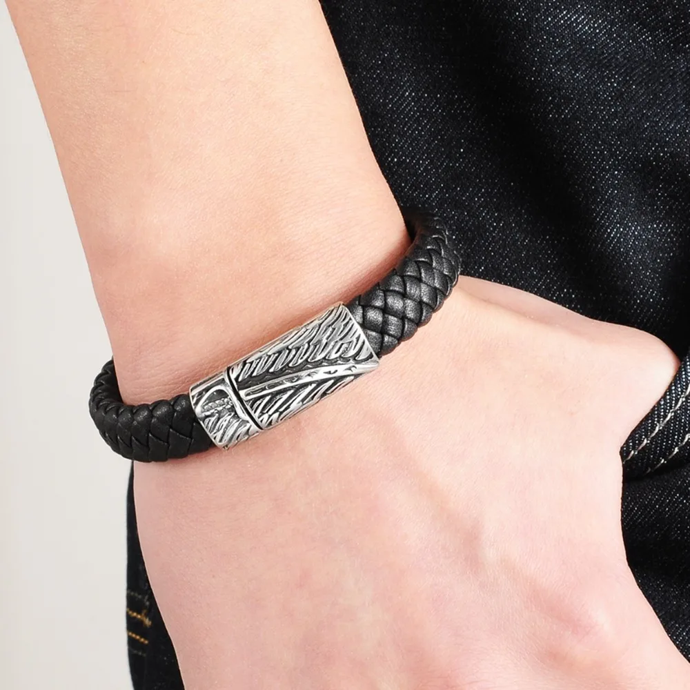 Men Jewelry Punk Black Braided Geunine Leather Bracelet Sword Dagger Pattern Stainless Steel Magnetic Buckle Bangles | Украшения и