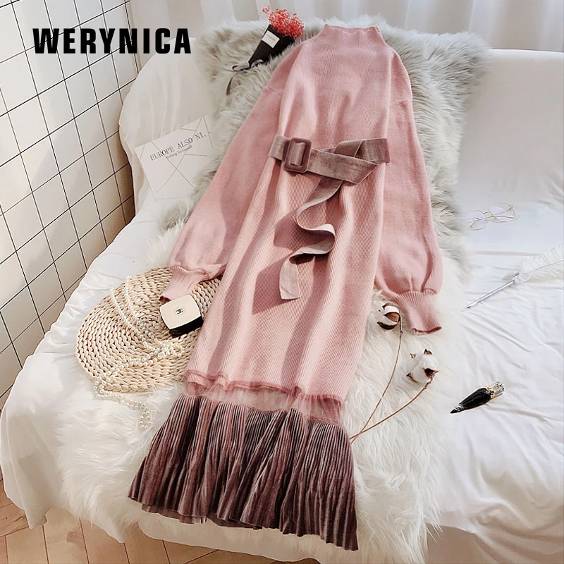 Женское трикотажное платье с поясом Werynica винтажное длинным рукавом и кружевом
