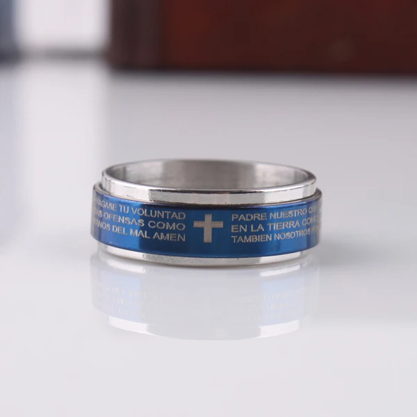 Синий 7 мм Крест из Библии двойной слой вращения 316L нержавеющая сталь кольца на