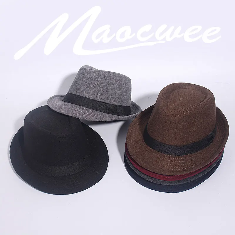 Gray Black Fedora Hat Classical Wide Brim Hat Men Solid Men's Dad Vintage Top Jazz Hat Autumn Winter Bowler Sombrero Felt Cap