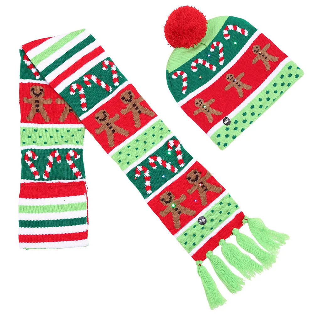 2Pcs Winter Christmas Kids Baby Boy Girl LED Light Hat Cartoon Cotton Tree Xmas Knitted Beanie Cap Scarf Set decorations Gifts | Детская