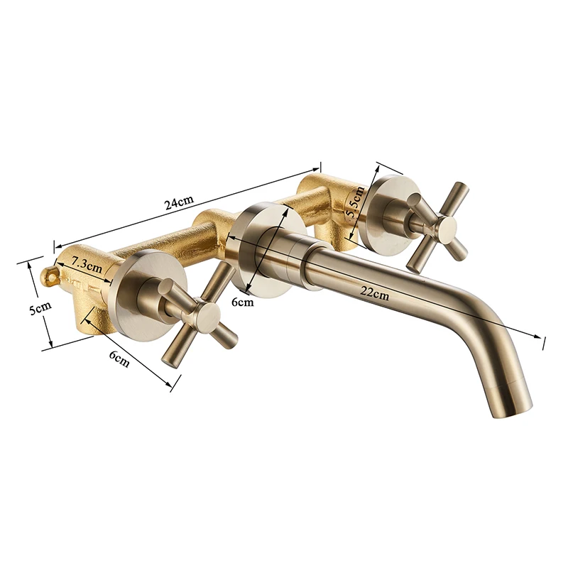 Матовый золотой настенный смеситель для раковины с двойной ручкой и поворотным