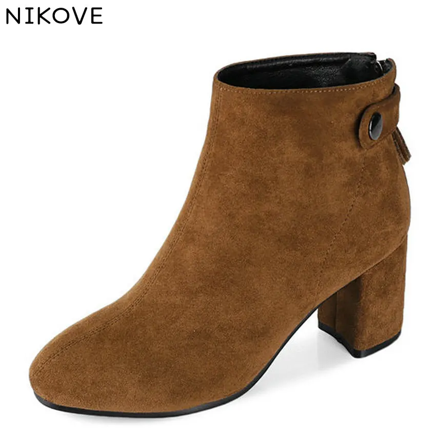 

NIKOVE 2019 Women Boots Zipper All Match Square Heel Black Winter Boots Women Ankle Boots Shoes Women Shoes Size 34-43