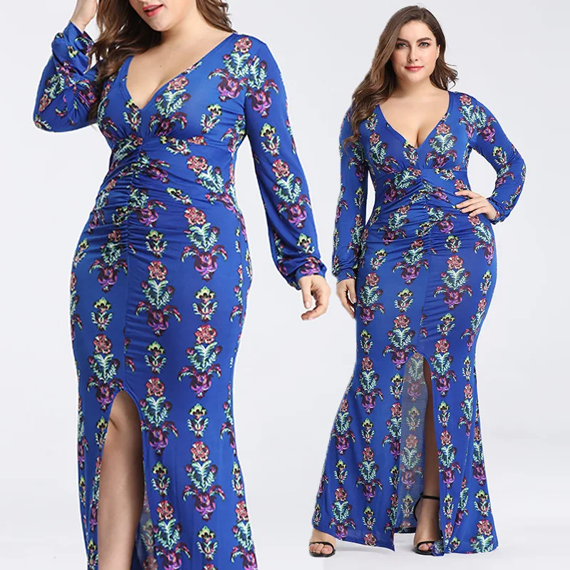 Женское платье с принтом V образным вырезом и длинным рукавом|Женские платья| |