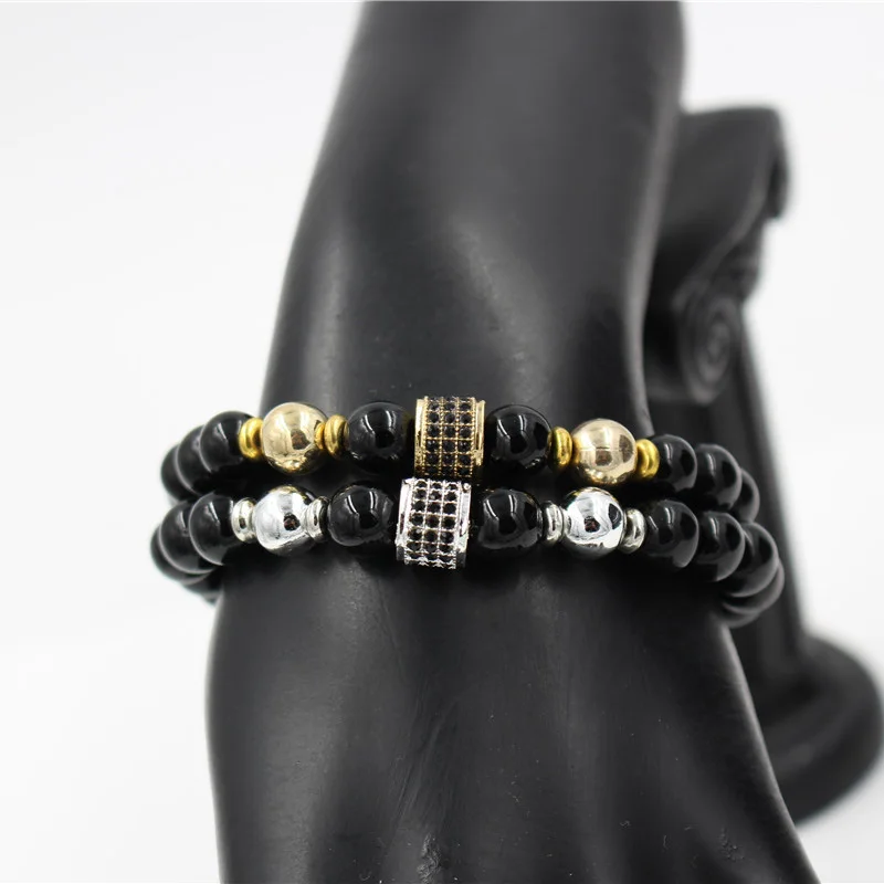 

Hot Sale Micro Pave Black CZ Gold Color Tube Charm Elastic Bracelet Men Women's Black Onyx Stone Bead Yoga Bracelet