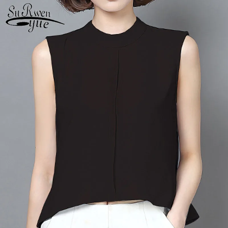 

Women chiffon office Lady 2019 summer Office Lady top stand collar sleeveless short chiffon Elegant and comfortable top 2964 50