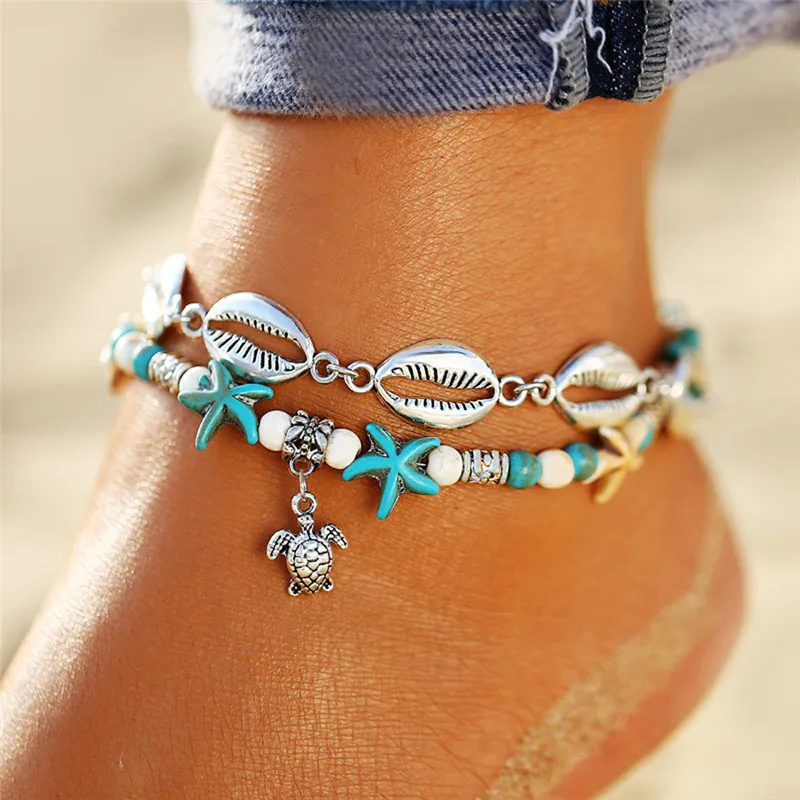 Женский винтажный браслет на щиколотке Boho Ocean Beach Cowrie Shell многослойный с бусинами