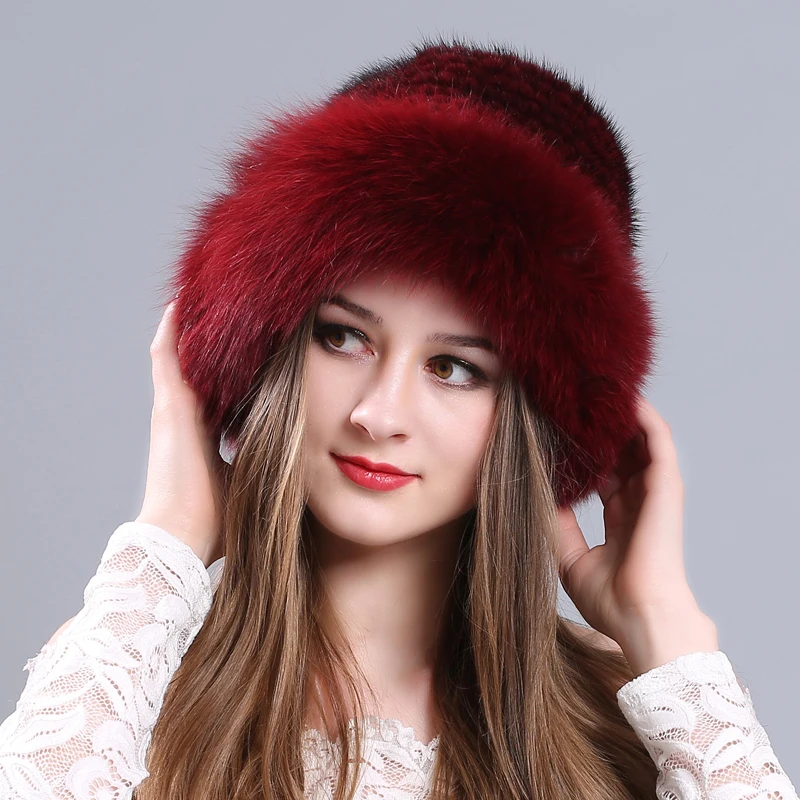 Вязаная шапка s Зимняя с большим краем для женщин и девушек Skullies Beanies шапка плотная Удобная меховая шапка из натуральной норки сохраняющая тепло русская лиса шапки