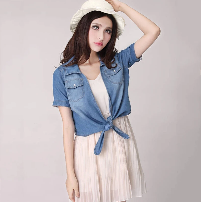 Женская джинсовая куртка повседневная короткая приталенная с коротким рукавом