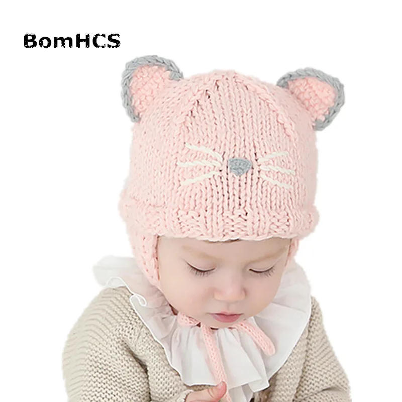 Шапка BomHCS детская вязаная ручной работы с ушками для детей 3-8 лет 100%