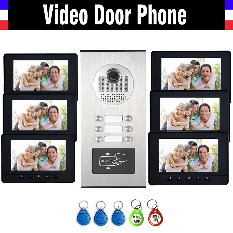 6 eenheden Appartement Intercom Systeem Video-Intercom Video Deurtelefoon Kit HD Camera 7 "Monitor met RFID keyfobs voor 6 huishouden