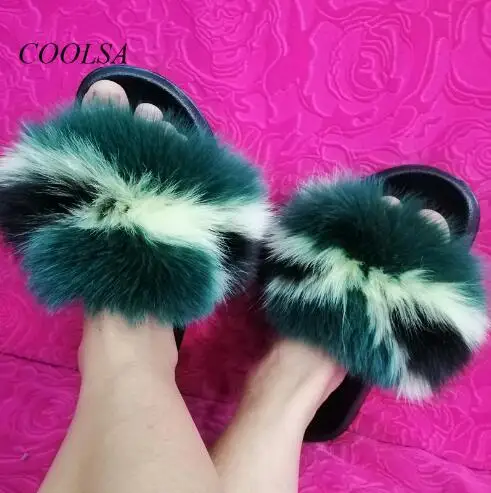 3 COOLSA/Новые модные женские тапочки с натуральным лисьим мехом; милые пушистые пляжные шлепанцы; женские разноцветные меховые плюшевые тапочки; - Цвет: 3
