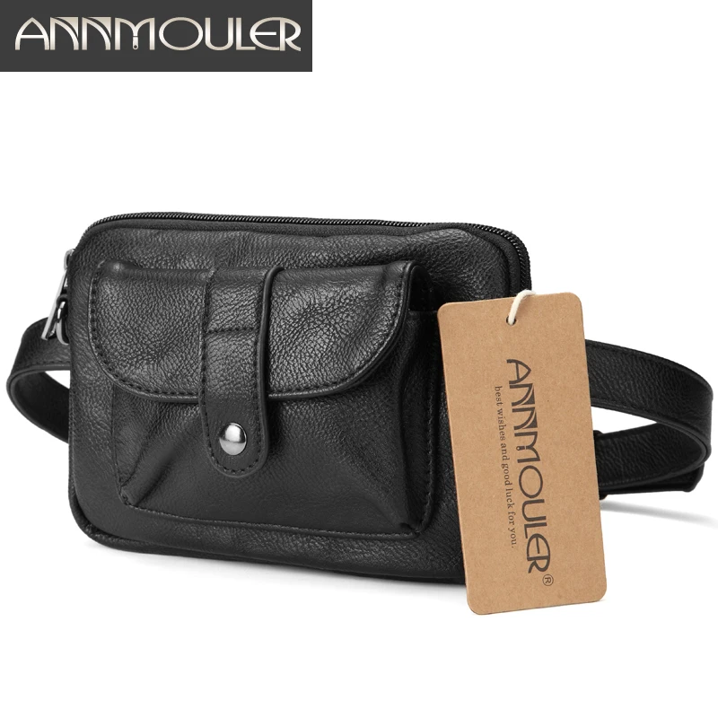 

Annmouler Vintage Women Waist Bag Black Pu Leather Fanny Pack Multi pocket Hip Bag 2 Shoulders Belt Bag Adjustable Bum Bag