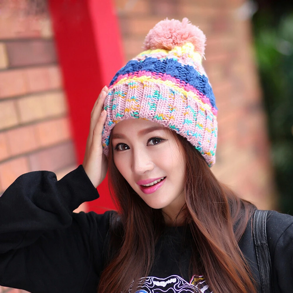 Трендовая женская зимняя шапка для девочек вязаная шерстяная с помпоном теплая