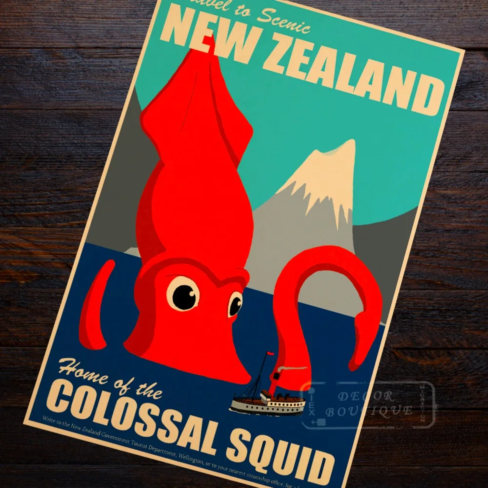Колоссальный кальмар Рыбалка Новая Зеландия NZ пейзаж старинный ретро-постер из