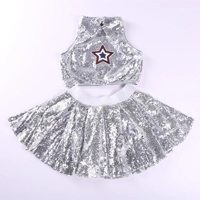 

New Arrive Children Girl Ballroom Jazz Dance Costumes for Sequins Hip Hop Dancing Performance Jazz Costume for Girls Top + Skirt