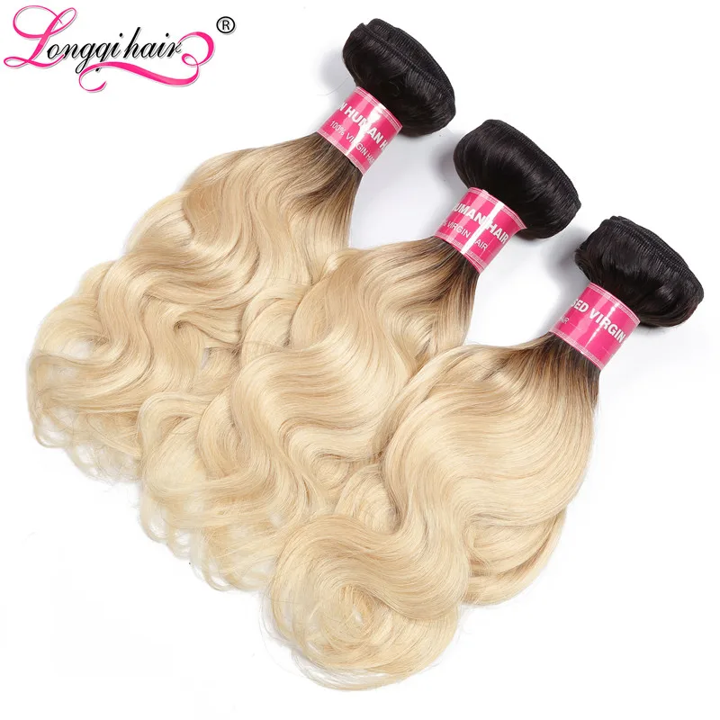 Longqi hair T1B/613 Блондин тело волна с темные корни бразильские волосы 4 Комплект