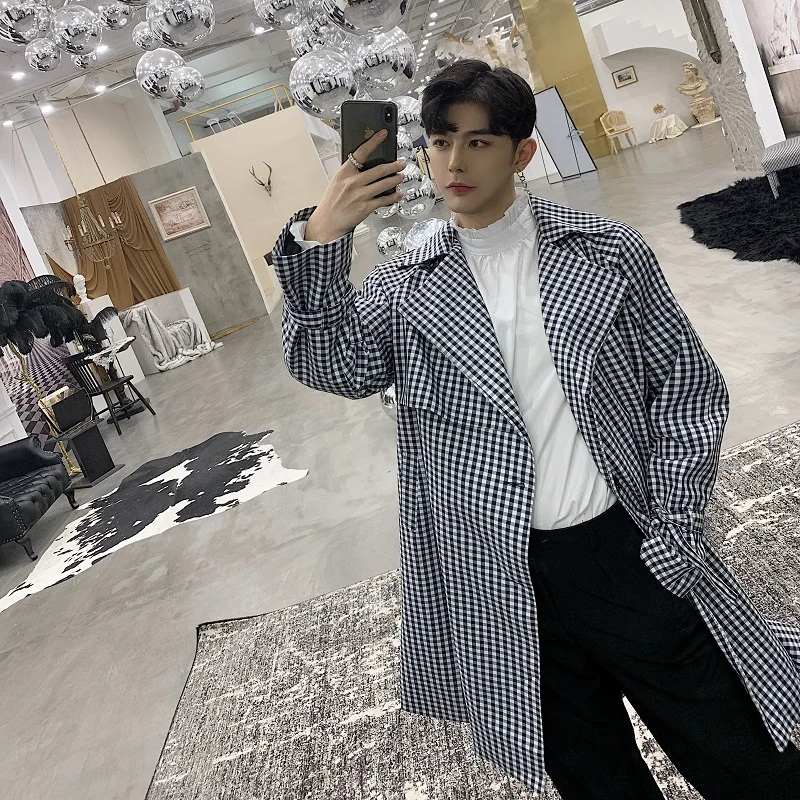 

Male Loose Long Cardigan Windbreaker Jacket Men Vintage Fashion Plaid Trench Coat Japan Harajuku Streetwear