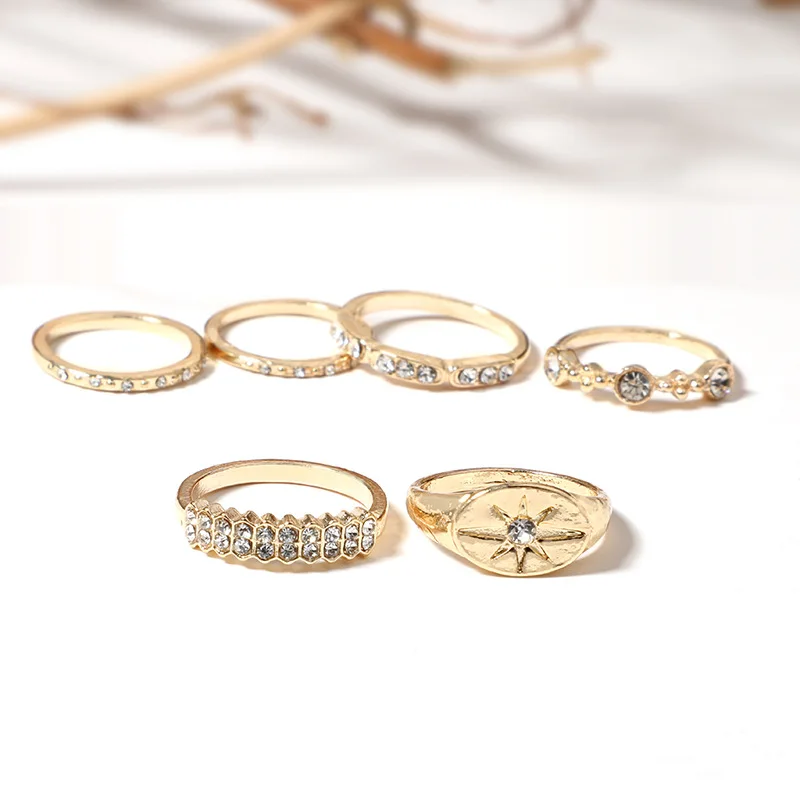 Bohemia Gold Color Crystal Finger Ring Set For Women Girls Cubic Zirconia Geometric Wedding Band Rings Fashion Anillos Bijoux | Украшения и
