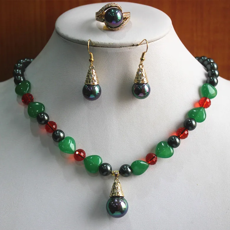 hot sell new - engagement! Wholesale Women's 8mm black shell pearl mixed green heart jade Necklace earring ring(7/8/9) jewelry |