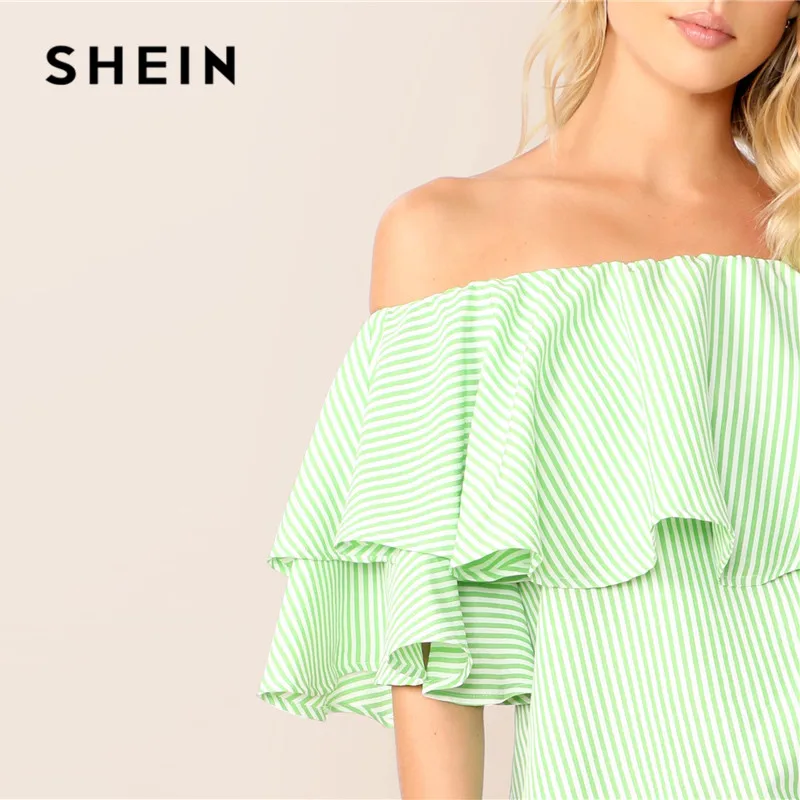 SHEIN Полосатый Топ С Открытыми Плечами И Оборками Летняя Пляжная Блузка С Воланами Для Женщин
