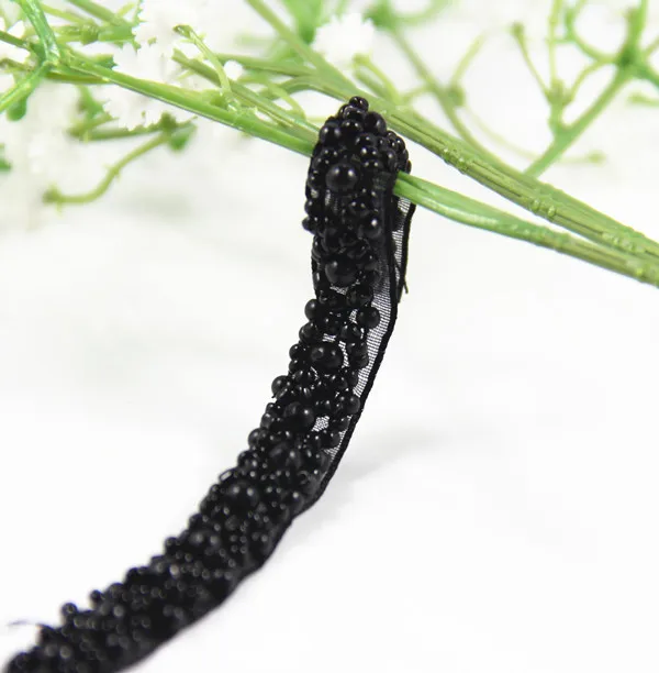 Черная жемчужная отделка из бисера плетеная органза аппликация кружевная лента