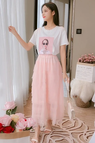

Brief Korean Print Loose Damen Zweiteiler Sexy Mesh Chiffon Two Piece Set Fashion High Waist Chic Vintage Women Clothes