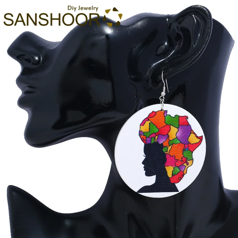 SANSHOOR напечатанные африканские натуральные волосы деревянные серьги