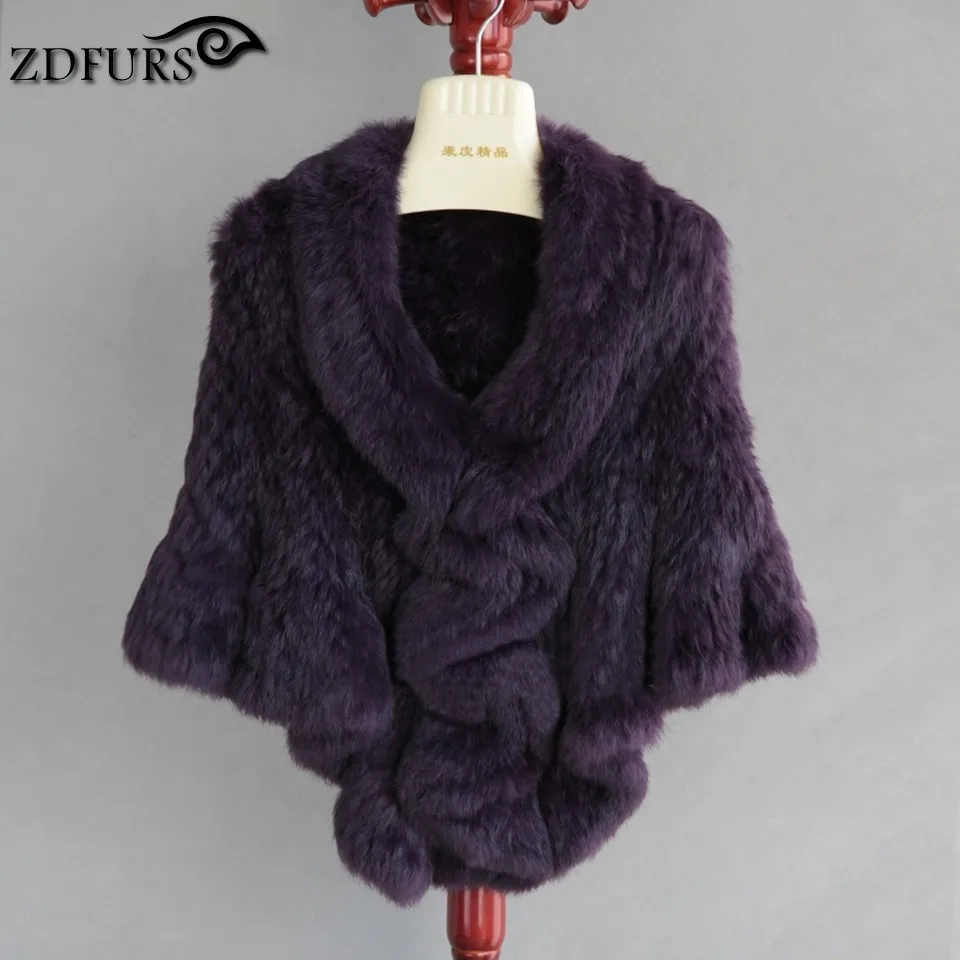 ZDFURS* ручной работы, натуральная, шапка с кремким мехом кролика накидка с гофрированным подолом Для женщин из натурального меха шаль Обёрточная бумага плащ Batwing палантин ZDKR-165024 - Цвет: purple