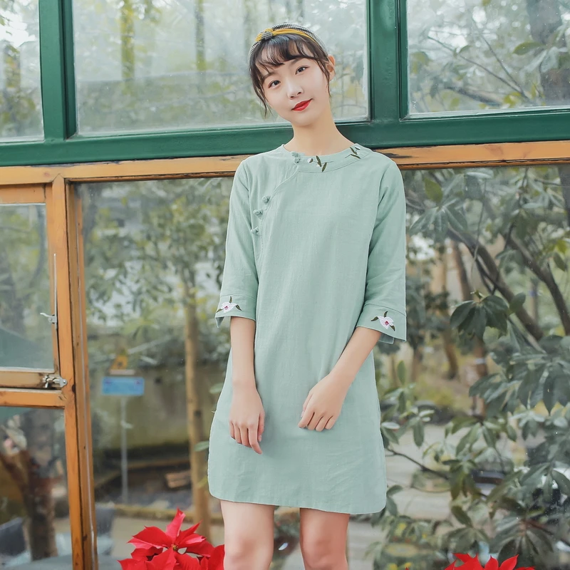 Китайское платье cheongsam qipao с вышивкой qipao платье cheongsam vestidos чиносы Восточное хлопковое и льняное платье cheongsam