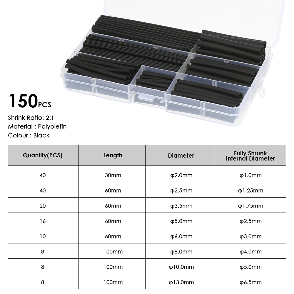 150pcs Heat Shrink Tubing Tube Polyolefin Halogen-Free Shrinkable Electrical Equipment Sleeving Wrap Wire Cable Sleeve Kit | Обустройство