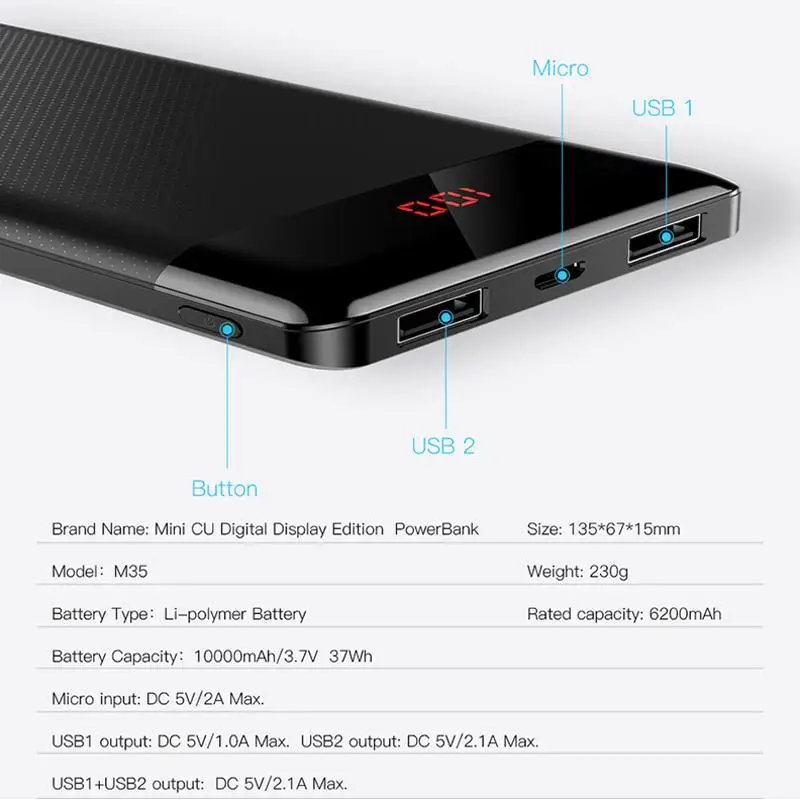Baseus 10000 мАч Мини Внешний аккумулятор для iPhone Samsung Xiaomi Dual USB зарядное устройство со