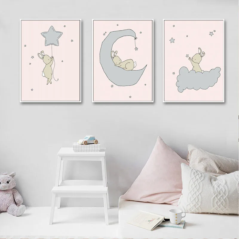 Pink and Gray Poster Bunny Nursery Art Prints Canvas Painting Girls Bedroom Decorative Pictures Kids Wall Decor | Дом и сад