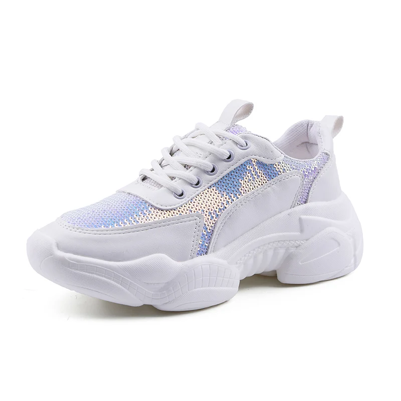 Женские блестящие кроссовки на платформе с перекрестной шнуровкой и блестками