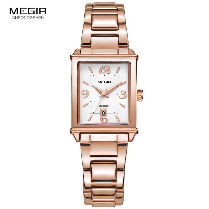 

Megir Stainless Steel Bracelet Date Analogue Display Quartz Watch for Ladies Girls Luxury Simple Rose Gold Wristwatch for Women