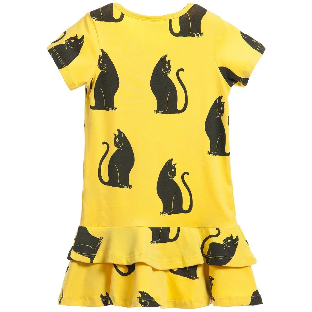Summer Baby Girls Dress Cotton Blended Kids Mini Cat Printing Short Sleeve Infant Cute Clothing 2-8Y Yellow | Детская одежда и