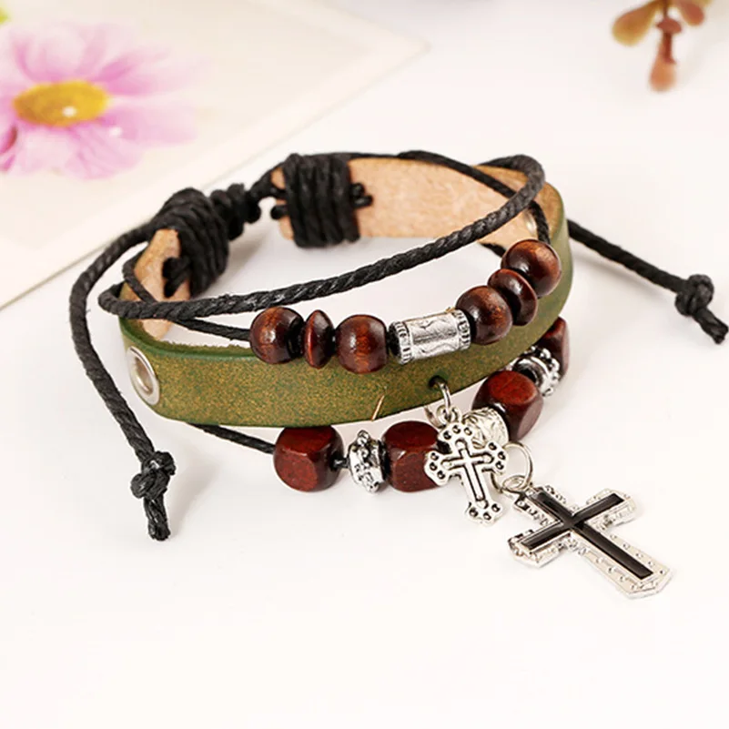 Boho Gypsy Hippie Punk Vintage Green Leather Cross Metal Charms Wood Beads Rope Wrap Unisex Adjustable Layered Macrame Bracelet