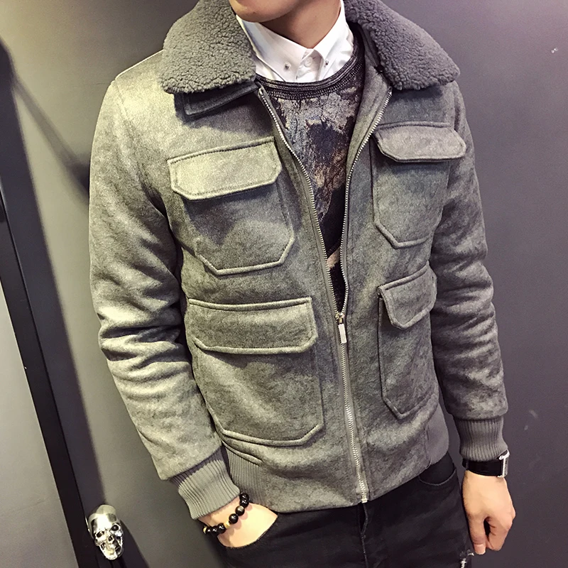 Chaqueta Invierno Hombre зимняя мужская пуховая модная зимняя куртка-бомбер с воротником из овечьей шерсти, черное, зеленое Стеганое пальто, приталенное M-3XL - Цвет: gray