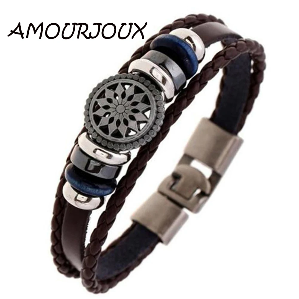 Мужской/женский кожаный браслет AMOURJOUX коричневый/белый/черный с узором |