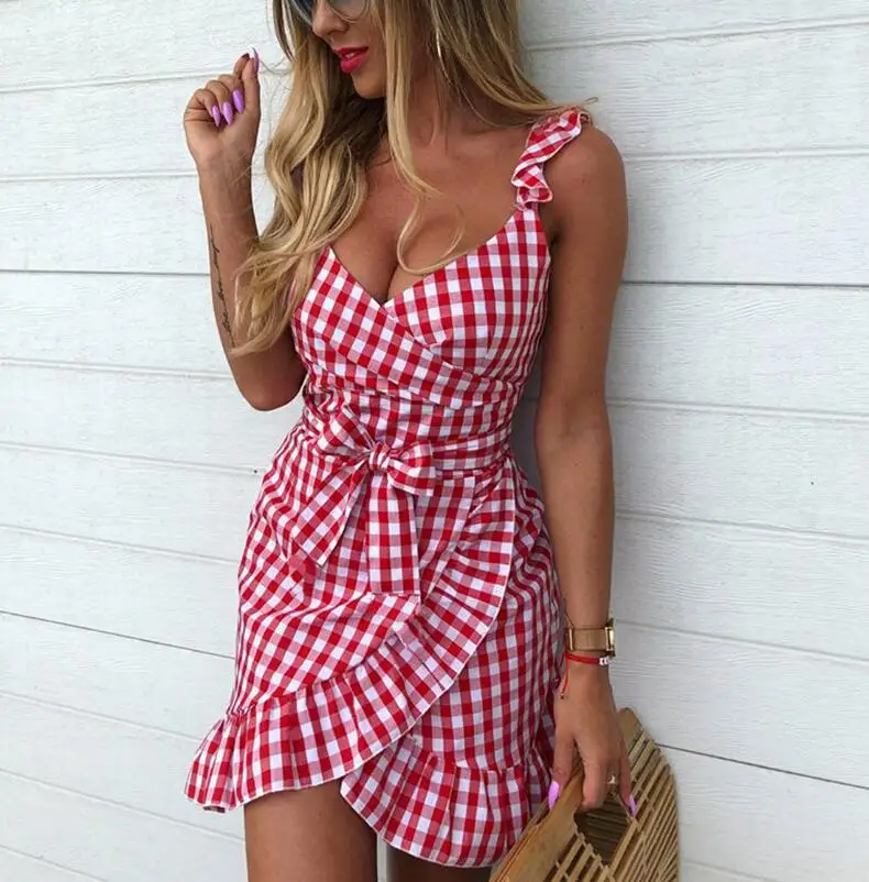 Женское повседневное клетчатое платье в винтажном стиле с рюшами и открытой