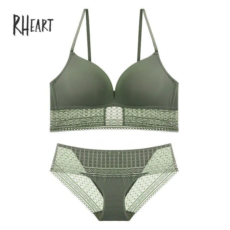 Roseheart, женский модный кружевной цельный бюстгальтер, наборы, регулируемые лямки, без косточек, хлопковые трусики, пуш-ап, нижнее белье, беспроводное белье B - Цвет: Green