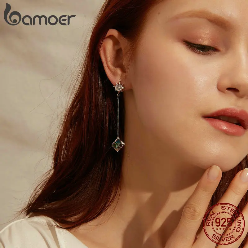 BAMOER Аутентичные 925 пробы серебряные Простые геометрические кубические циркониевые длинные цепочки Висячие серьги для женщин серебряные ювелирные изделия SCE545