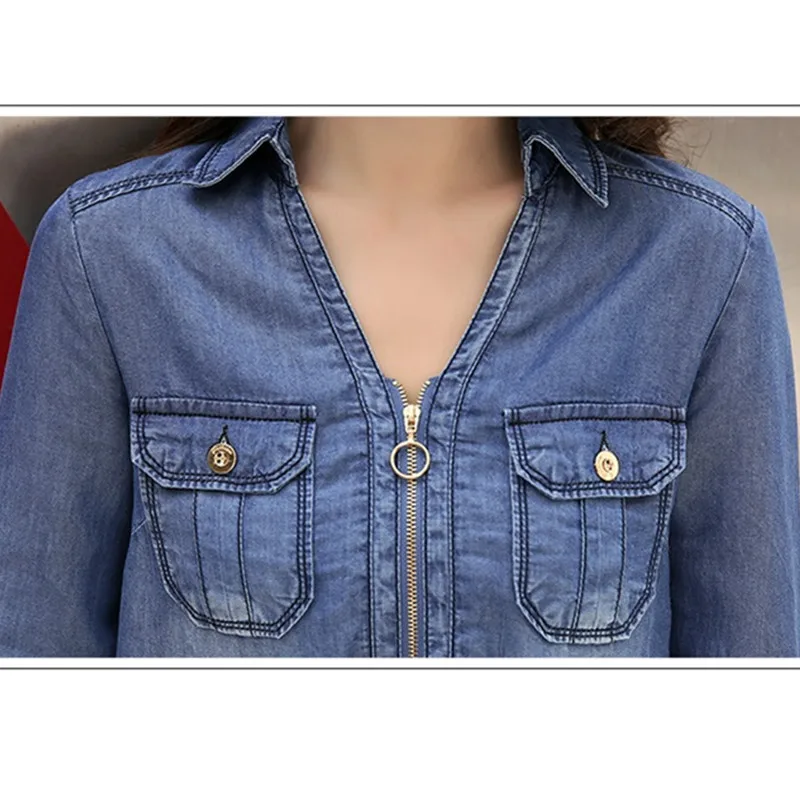 Женское джинсовое платье с длинным рукавом и V образным вырезом|plus size dress|women denim