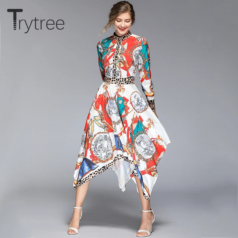 Женское платье с воротником-стойкой Trytree Повседневное до середины икры