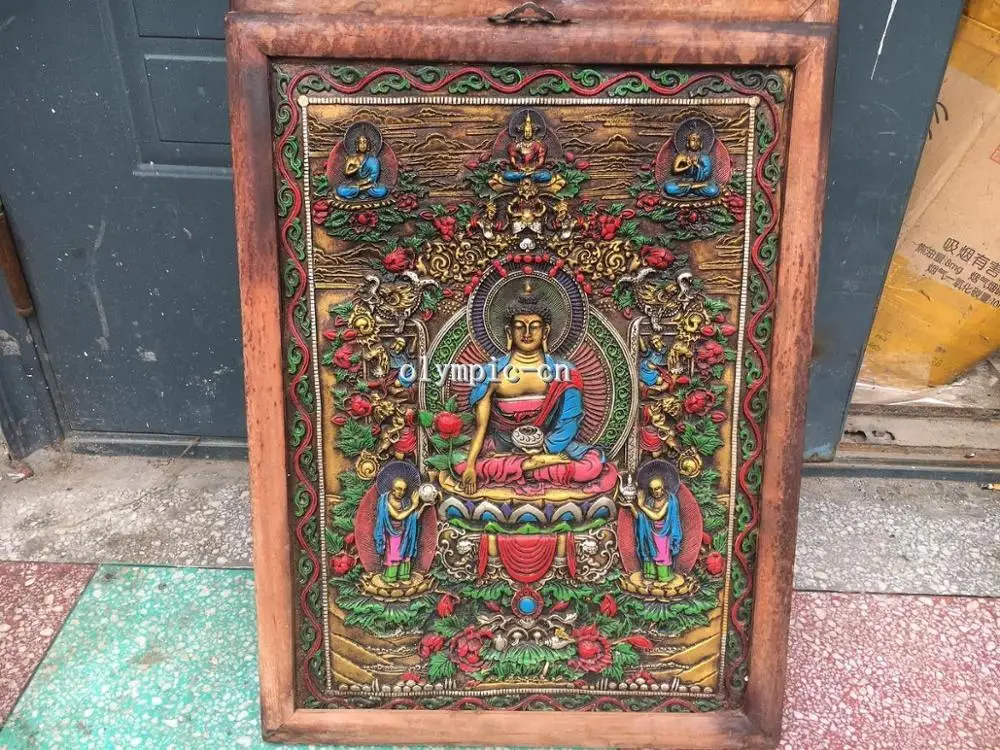 

29 дюймов деревянный ручной работы цветной рисунок tathagata Vairochana Будда Тибет Thang-ga